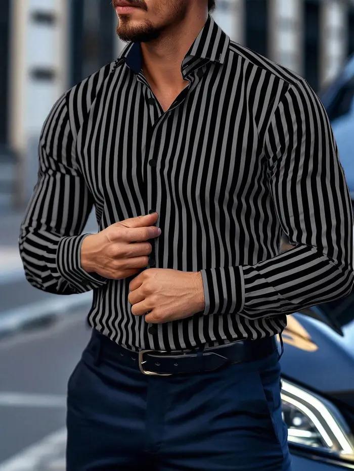 Chemise habillée rayée pour hommes, simple boutonnage, manches longues, tenue de bureau décontra