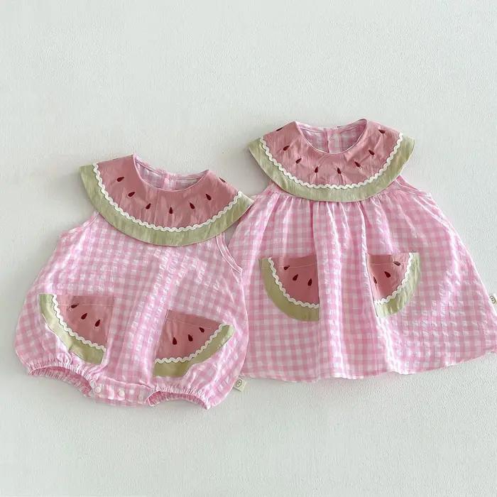 Nouvelle Robe d'été 2026 pour Enfants, Style Doux, Rose à Carreaux Pastèque, Sans Manches, Légère, V