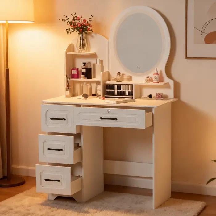 Table de maquillage moderne avec miroir et lumières, étagères de rangement supplémentaires, coiffeus