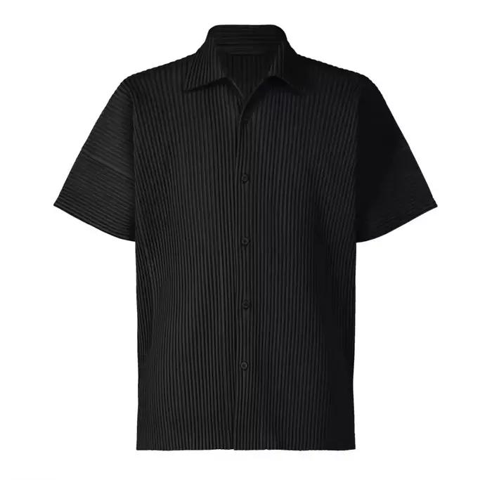Miyake chemise à revers plissée à manches courtes t-shirt pour hommes chemise unie chemise boutonnée