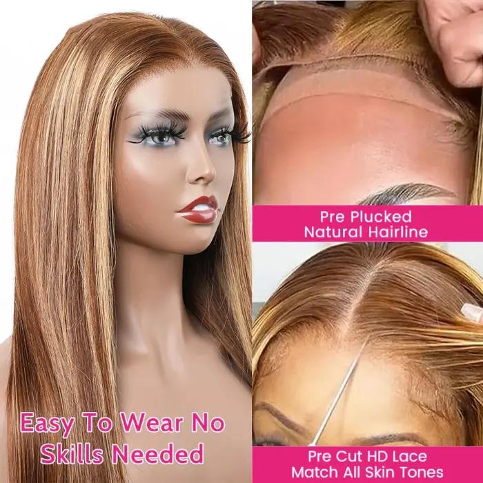 Perruque Lace Front Wig sans colle naturelle, cheveux humains, pre-plucked, coloré, pre-plucked, pre