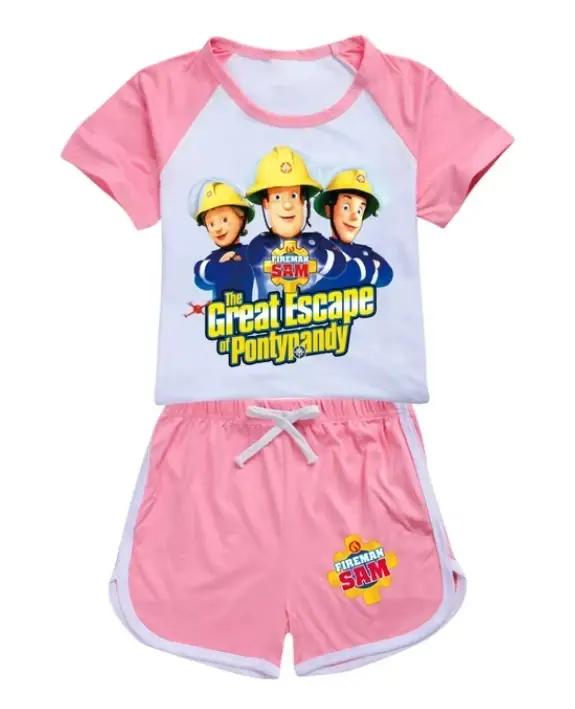 Survêtement Sam le Pompier à manches courtes pour enfants, tenue d'été pour garçons et filles, ensemble sportif pour les jours de jeu et les aventures spontanées