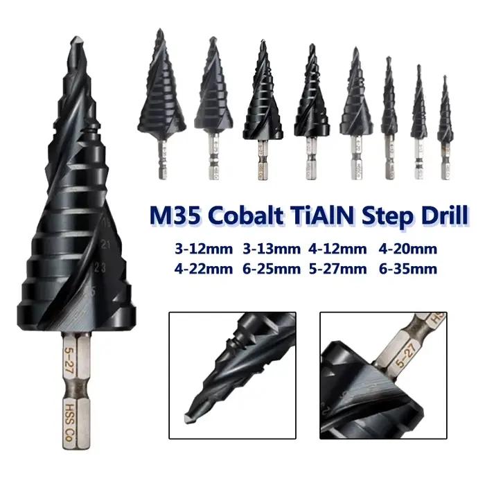 Foret étagé revêtu de TiAlN au Cobalt HRC89 M35, tige hexagonale de 1/4 pouces, ouvre-trou de perçag