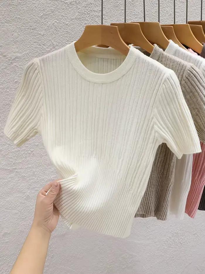 T-shirts d'été 2026 pour femmes – Décontractés, style coréen, tricotés, streetwear, basiques, unis,