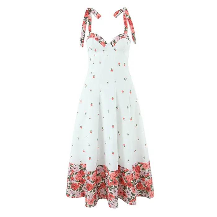 YENKYE romantique fleur imprimé Patchwork blanc fronde robe d'été femmes à lacets pansement dos a-li