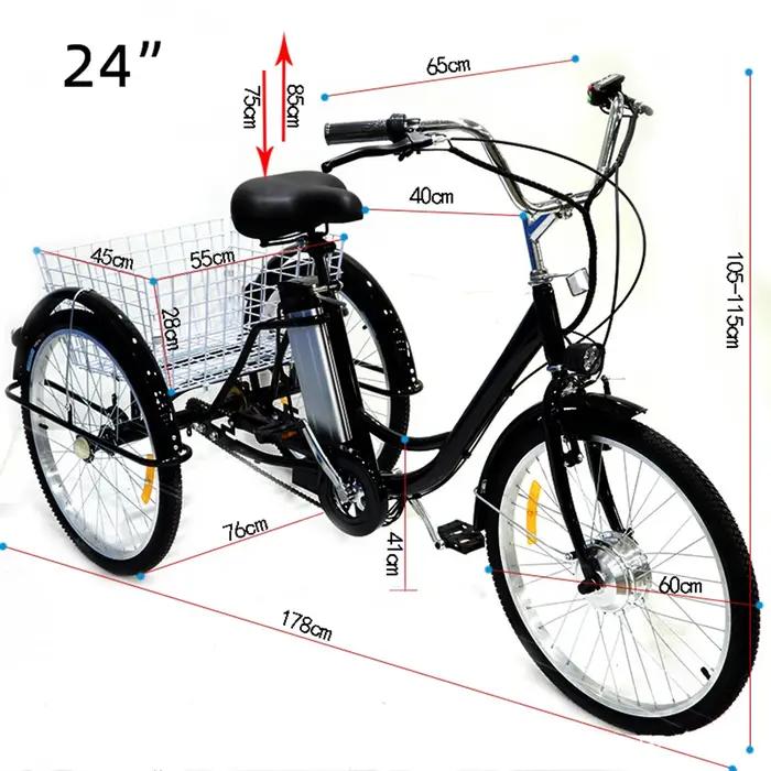 Vélo électrique à trois roues 36V 24 pouces vélo électrique pour femmes dames avec batterie amovible panier arrière noir