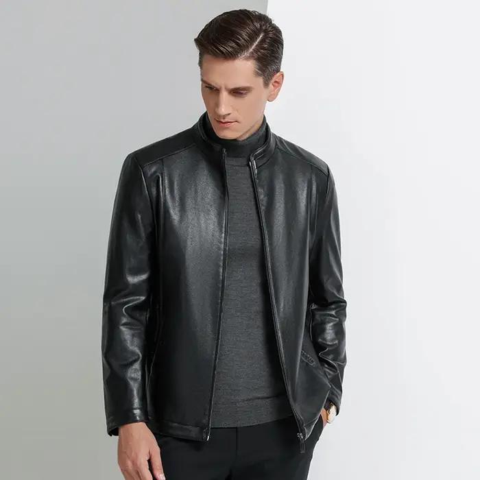 YN-336 printemps et automne hommes col montant veste en cuir de mouton naturel veste en cuir mince h