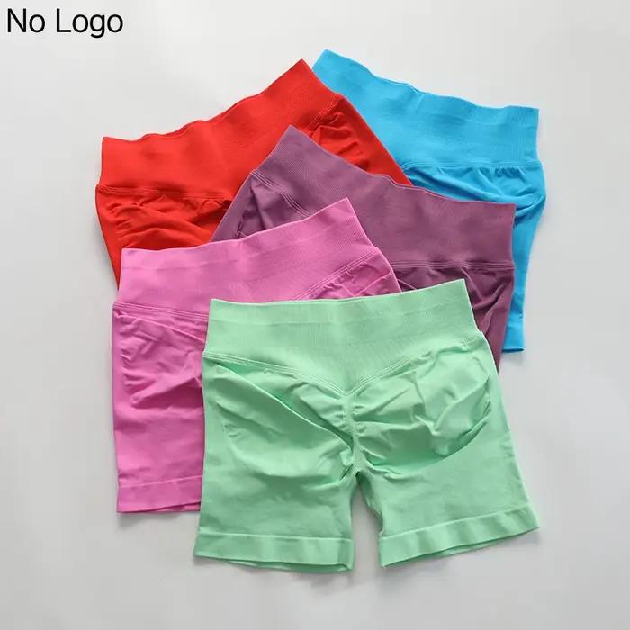 Short de Yoga Sexy sans Logo, dos en V, bande de taille basse côtelée, sans couture, froissé, pour e