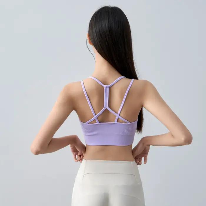 Débardeur de sport sans couture extensible pour femme avec bretelles spaghetti et dos nu - avec cous