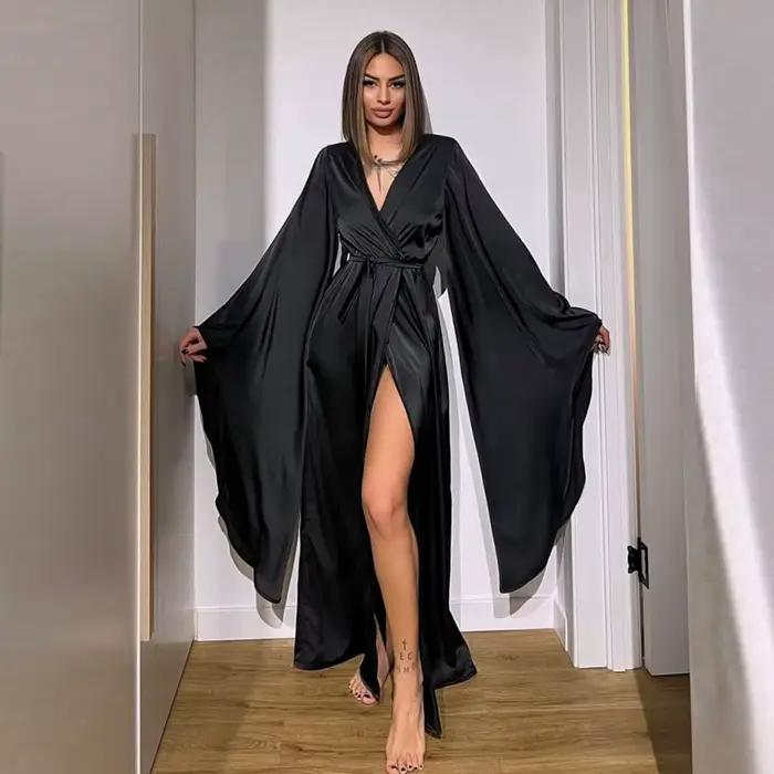 Robe de soirée en satin noir, sexy, col en V, manches évasées, en taffetas, pour bal de promo, robes