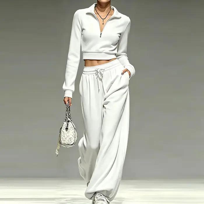 Ensemble de survêtement pour femmes 2 pièces : haut court uni à col montant zippé et pantalon large