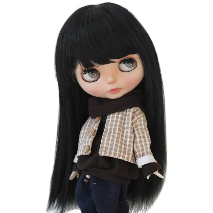 Perruque Blyth de 9 à 10 pouces, cheveux noirs longs et lisses