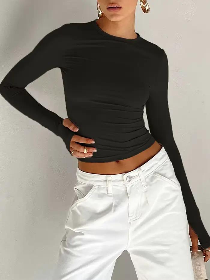 Mode femmes T-shirt à manches longues col rond solide coupe ajustée dames haut court avec trous pour