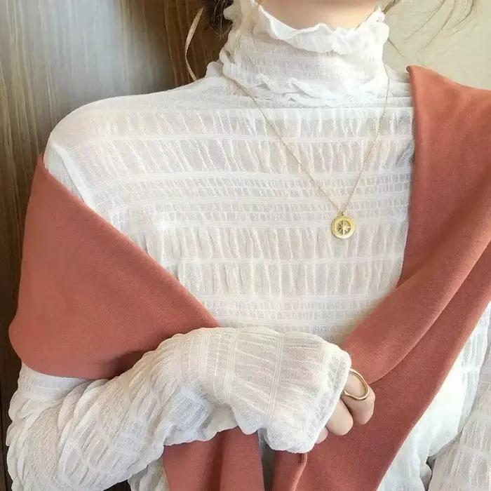 Chemise en dentelle florale pour femmes, manches longues, Sexy, chemises à bascule en maille, col mo
