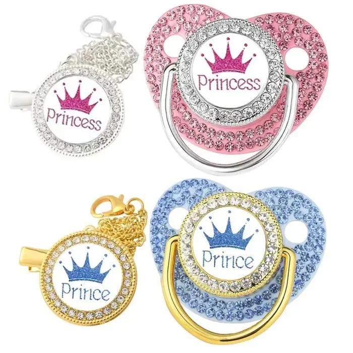 Clips de chaîne de sucette de bébé en strass de luxe avec couvercle, sucette couronne de princesse P