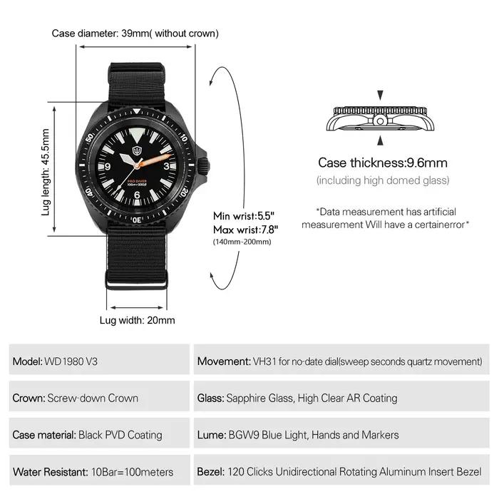 Watchdives WD1980 V3 montre de luxe VH31 balayage secondes mouvement à Quartz AR revêtement verre sa