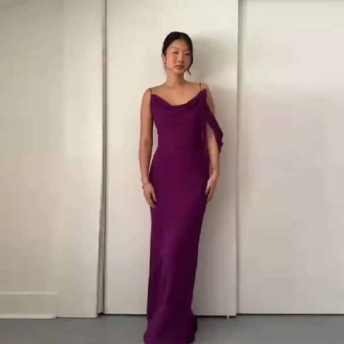Robe longue en mousseline violette pour femme, collection été 2026, avec bretelles spaghetti, col dr