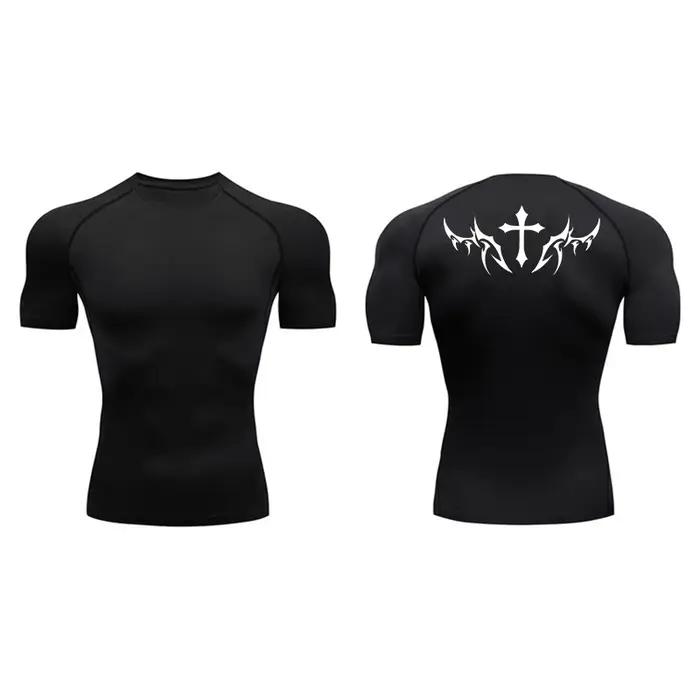 Chemises de Compression à manches courtes pour hommes, imprimé croisé, t-shirts athlétiques à séchag