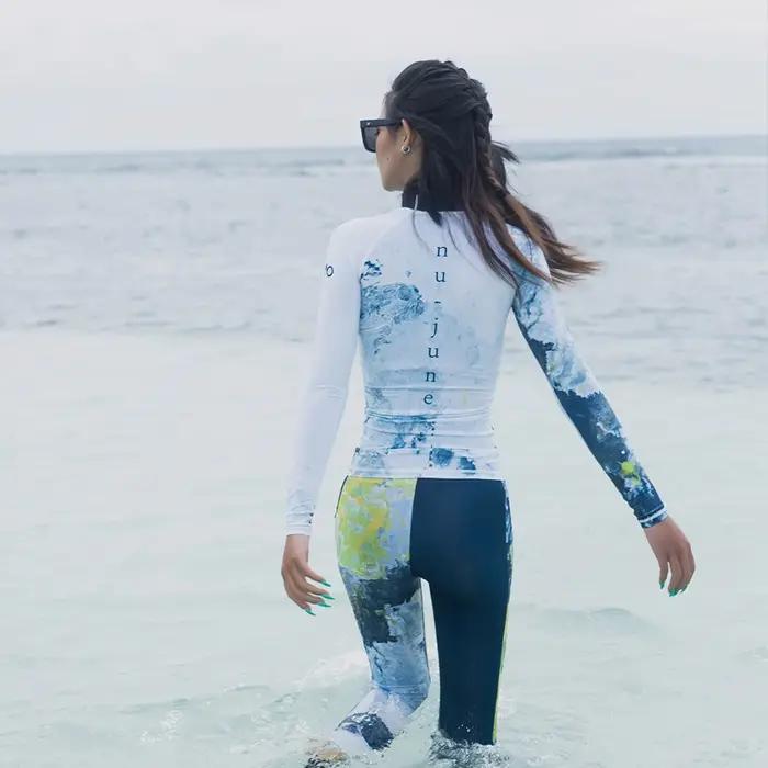 Nu-juin femmes à manches longues maillot de bain Rashguard imprimé surf haut chemise de plongée séch