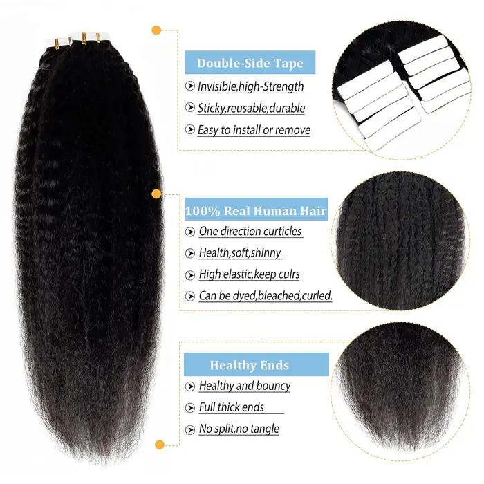 Bande dans les Extensions de cheveux humains crépus droits Extensions adhésives de cheveux brésilien