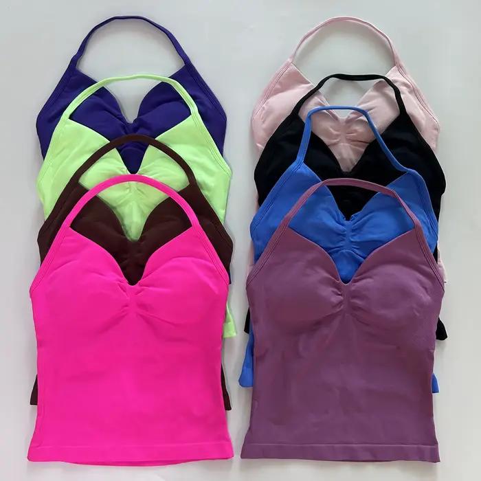 Débardeur de yoga pour femmes sans couture - Bretelles fines, dos nu, soutien-gorge intégré et froncé