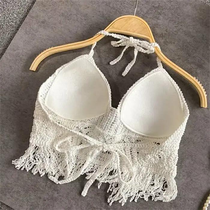 Femmes été plage Boho culture hauts Sexy Y2K tricoté dos nu évider débardeurs Crochet glands ourlet