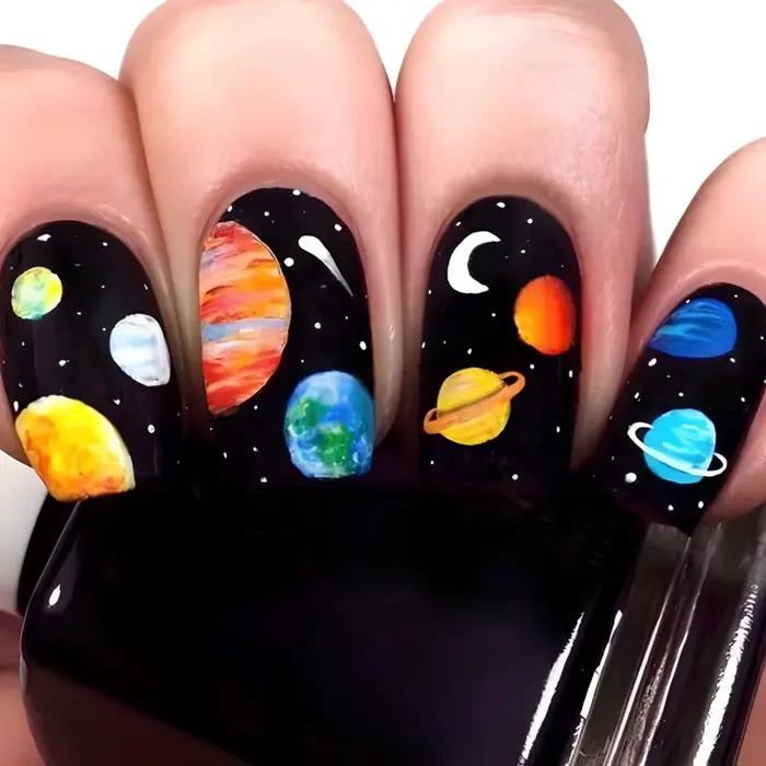 Faux ongles carrés longs moyens pour femmes, 24 pièces/ensemble, nickel é ciel étoilé, noir, bleu, v