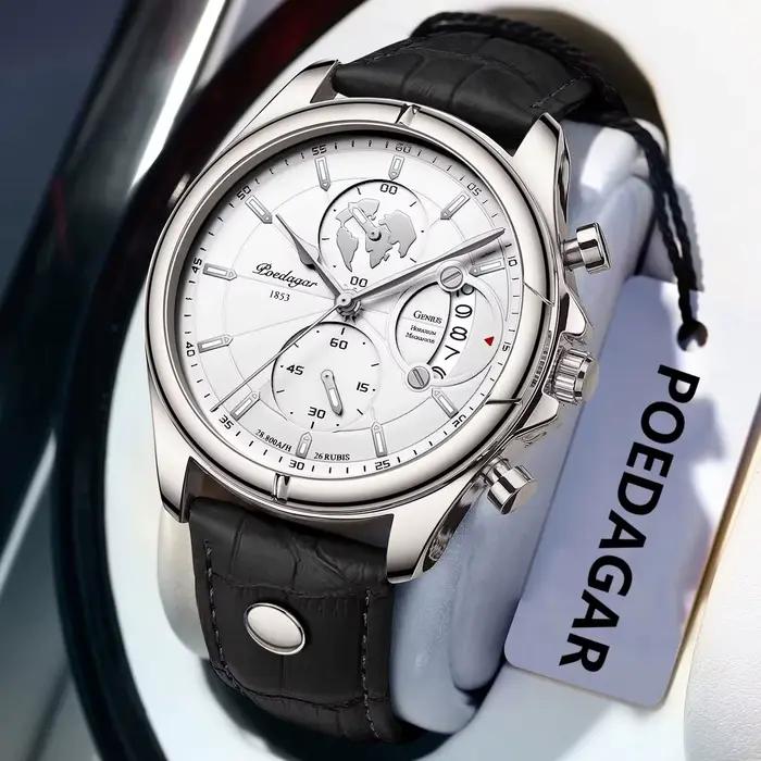 POEDAGAR luxe homme montre-bracelet chronographe Date étanche en cuir hommes montre décontracté Quar