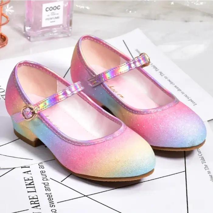 Chaussures de princesse pour filles, chaussures en cuir à paillettes arc-en-ciel, à la mode, pour en