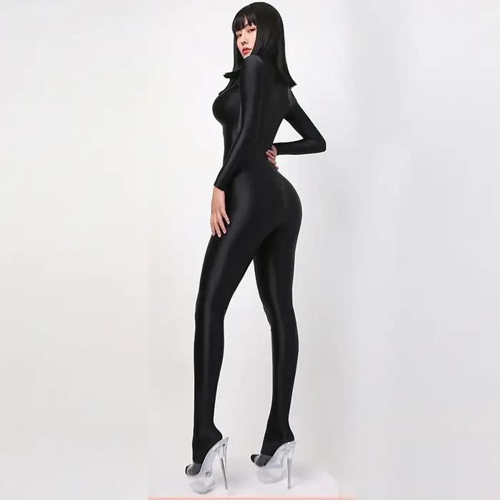 Japonais Sexy femmes à manches longues body une pièce maillot de bain collants soyeux Satin brillant