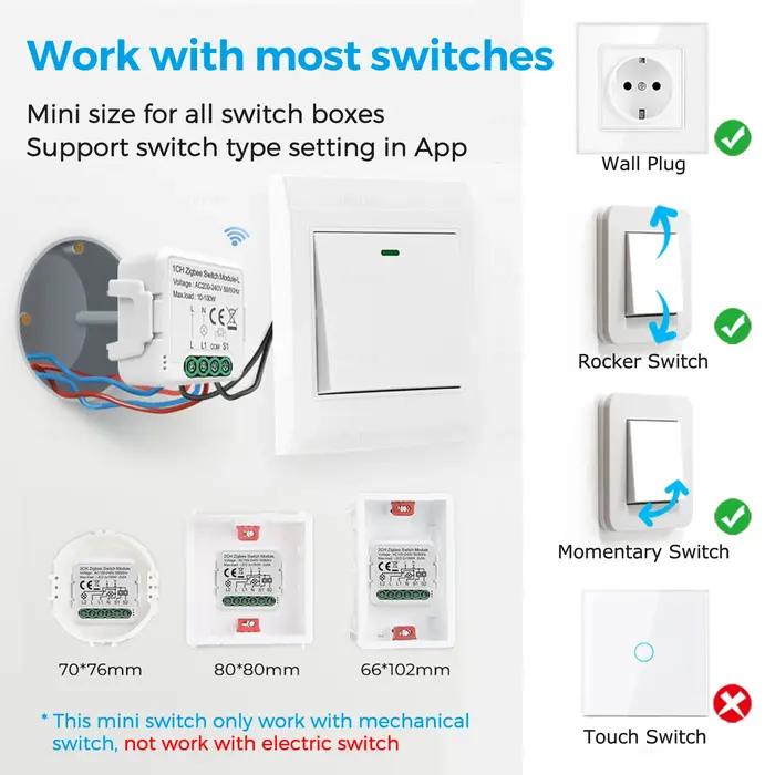 Tuya Zigbee 3.0 Mini Module de commutation intelligent relais sans fil neutre contrôle bidirectionne