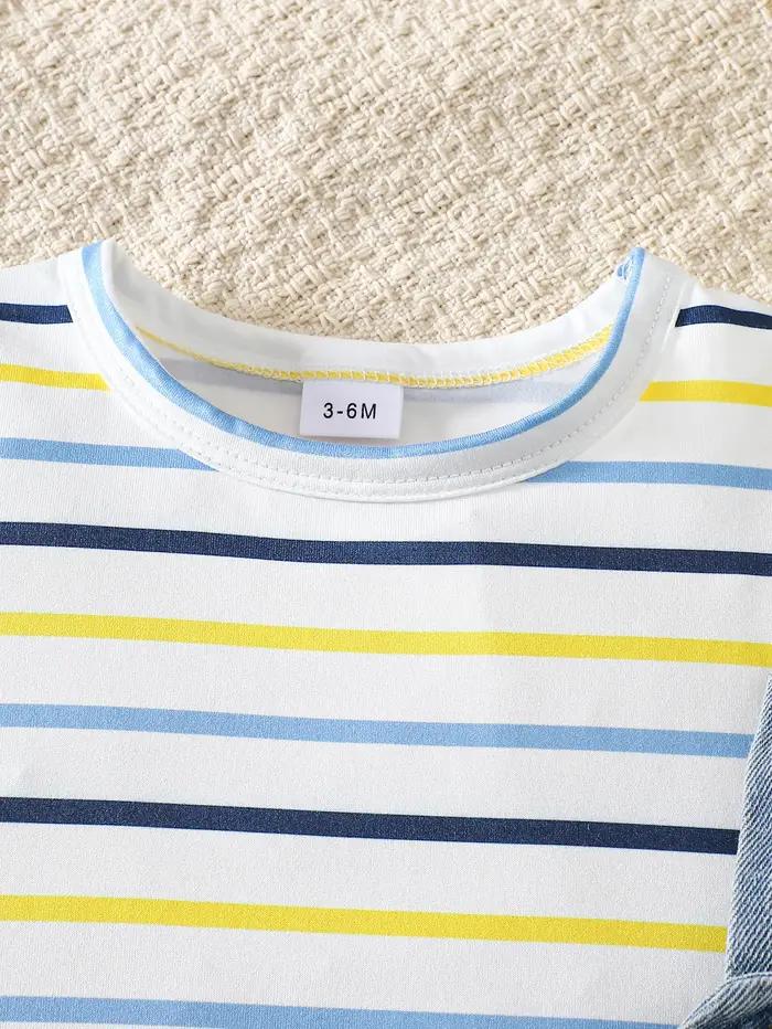 Ensemble t-shirt rayé à manches courtes et salopette en jean pour bébé garçon, ensemble deux pièces