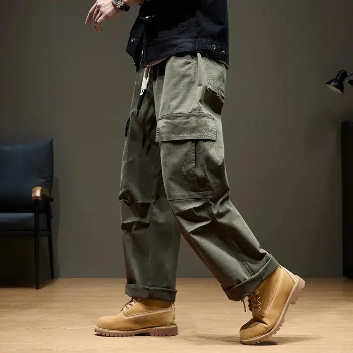 Pantalon Cargo Baggy pour hommes, avec poches, 100% coton, cordon de serrage, taille élastique, jamb