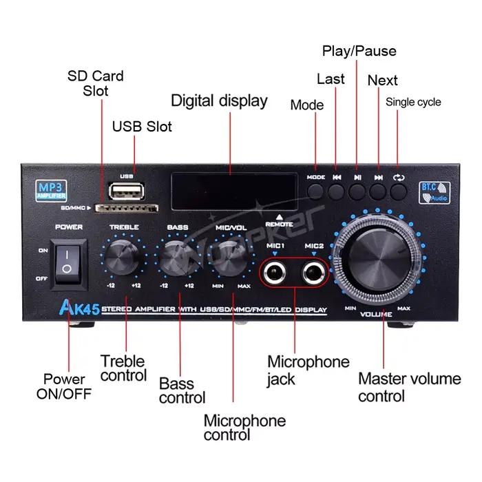 Woopker AK45 amplificateur numérique HiFi puissance maximale 90Wx2 canaux 2.0 Bluetooth Surround son