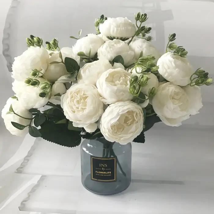 Bouquet de fleurs artificielles pivoine en soie Rose 30cm, 5 grandes têtes et 4 bourgeons, fausses f