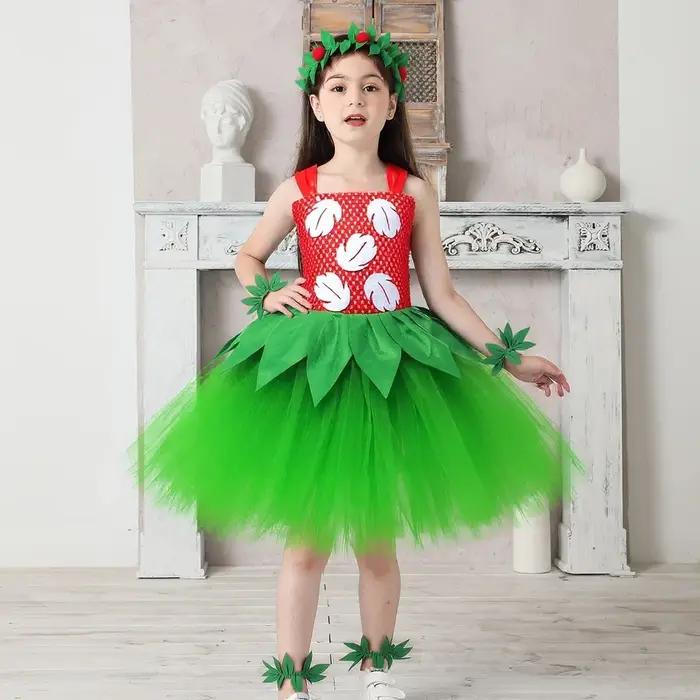 Costume d'Halloween pour filles, robe de fête hawaïenne à fleurs rouges et vertes avec couronne, ten