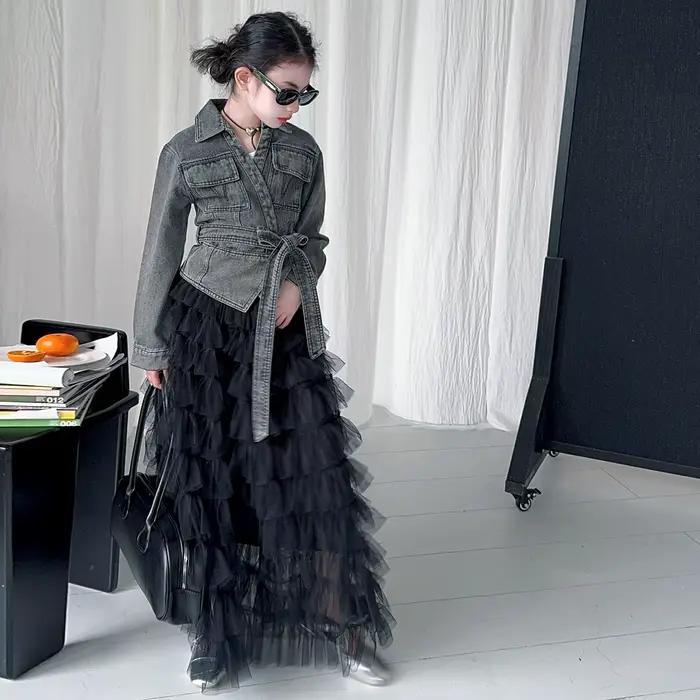 4-14 design français adolescents filles vêtements veste en jean roupas femininas infantil maille jup