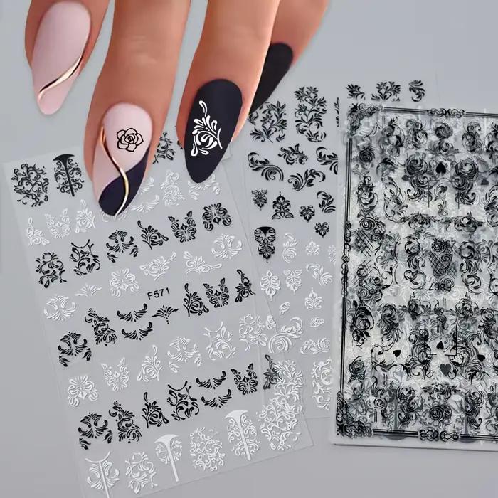 Autocollants 3D fleurs en dentelle noire et blanche pour Nail Art, étiquette auto-adhésive à ligne g