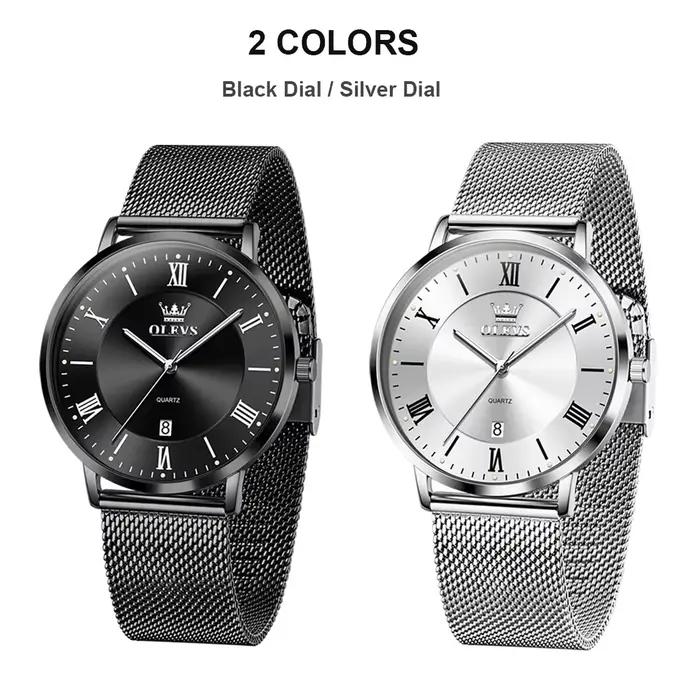 OLEVS 5623 Montre à quartz pour homme, cadran minimaliste avec chiffres romains, bracelet en maille