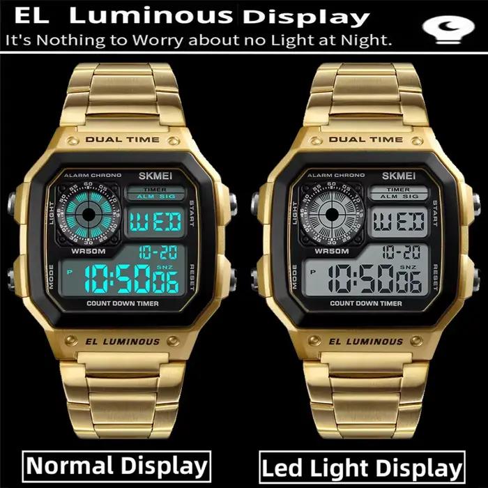 Skmei-Montre-bracelet de sport numérique pour homme, bracelet en acier inoxydable, chronographe LED,