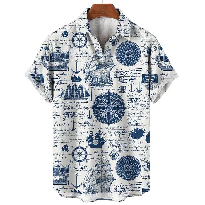 Sailing World Graphic 3D Print for Men, Vintage Shirt, Fashion, Casual Hawaiian Beach Style, Summer