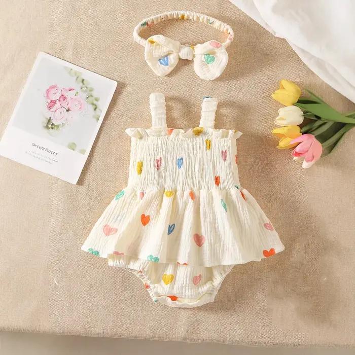 Ensemble de vêtements d'été pour nouveau-né fille 3M-2T, combinaison à imprimé cœur, body jaune pour