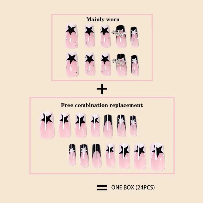 Femmes filles 24 pièces Long carré noir français diamant étincelant étoile pendentif couverture comp