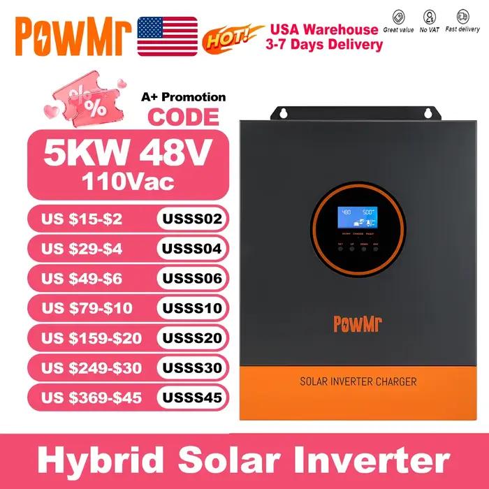PowMr 5000W 48V 110/120VAC sortie MPPT onduleur solaire hybride PV 500VDC avec contrôleur de chargeu