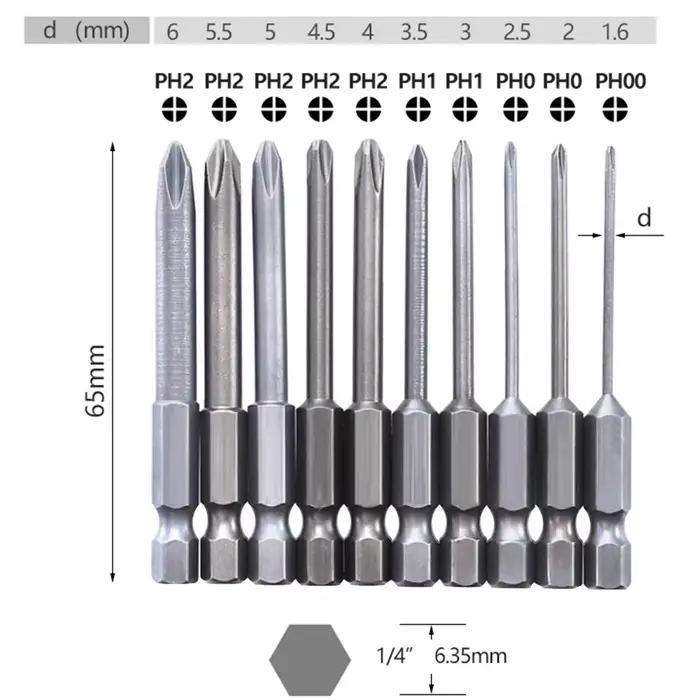 10 pièces 65mm magnétique 1/4 pouces Hex électrique tournevis cruciforme embouts PH00 PH0 PH1 PH2 ti