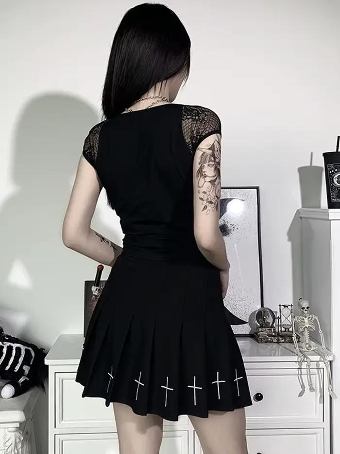 Vintage hauts Goth T-shirt femmes moulante pansement dentelle noir T-shirts gothique Streetwear Sexy