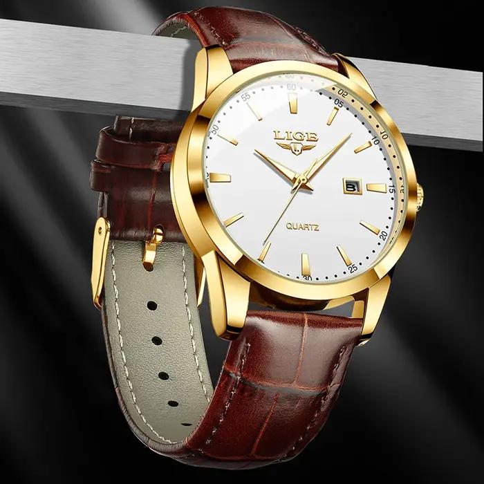 Montre LIGE en cuir marron pour homme, style militaire, sport, quartz, décontractée, étanche, chrono