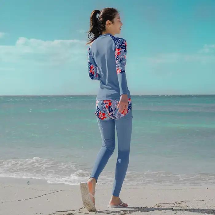 Rashguard imprimé à manches longues pour femmes, 3 pièces/ensemble, Protection solaire UV, chemise d
