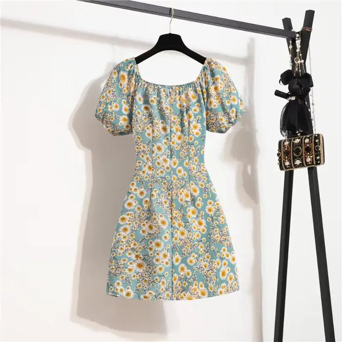 Femmes Mini Robes D'été Mode Femme Robes Imprimé Floral Robes En Mousseline De Soie Fronces Plissée