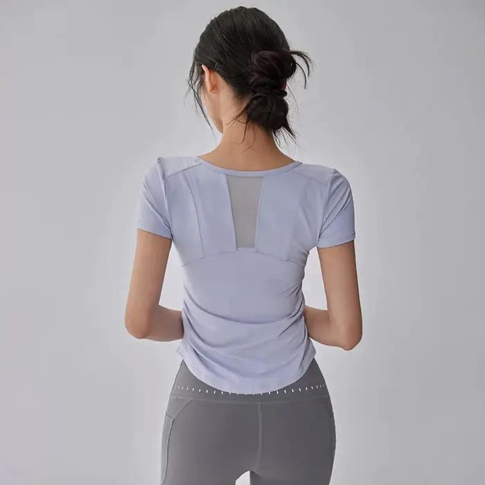 Haut de sport de Yoga d'été pour femmes, manches courtes, taille plissée, maille épissée, T-Shirt de